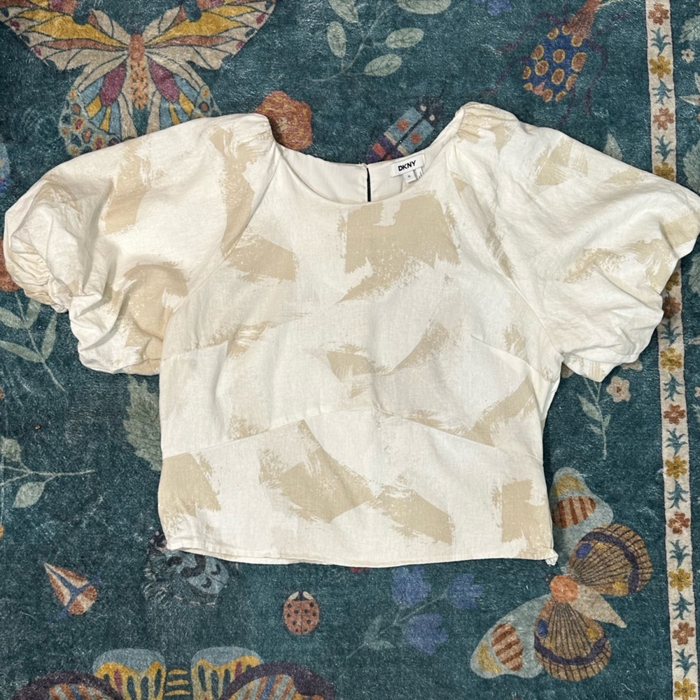 DKNY Abstract Print Linen Blend Puff Sleeve Top Cream Tan XL